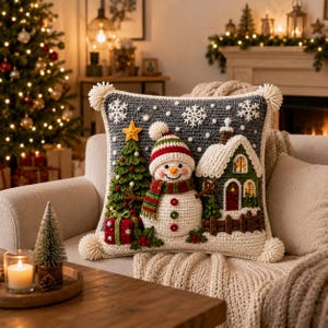 May include: A square crochet throw pillow featuring a gray background with white snowflakes. The design includes a central snowman wearing a striped hat and scarf, a green Christmas tree with a yellow star, a red gift box, and a small house.