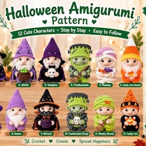Op de afbeelding: Een digitaal patroon voor 12 Halloween amigurumi-figuren, waaronder een tovenaar, heks, vampier, Frankenstein, mummie en een snoepmaïs-kabouter. De tekst bevat Halloween Amigurumi Pattern en 12 Unique Designs.