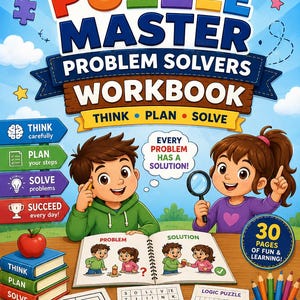 Puede incluir: Una portada de libro de ejercicios Kids Puzzle Master con un niño y una niña, una lupa, un libro abierto con ilustraciones de resolución de problemas, un laberinto, una cuadrícula de palabras, un rompecabezas lógico y lápices de colores.