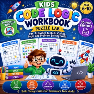 Programmier-Logik-Arbeitsbuch für Kinder, druckbare Programmierübungen, Logikrätsel, Alter 6-10