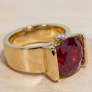Red Oval Ruby Statement Ring, Wide Band Gold Cocktail Ring, Modern Bridge Setting Solitaire, Luxury Gemstone Jewelry, July Birthstone Gift