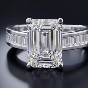 Könnte beinhalten: Ein silberfarbener Ring mit einem großen, rechteckigen Mittelstein im Smaragdschliff, der von vier Krappen gehalten wird. Die Ringschiene besteht aus poliertem Metall und ist mit einer Reihe kleiner, rechteckiger Baguette-Steine besetzt.