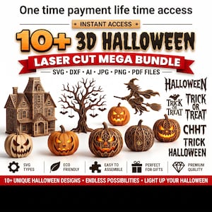 以下が含まれることがあります： 10種類以上の3Dハロウィンレーザーカットデザインのデジタルバンドル。お化け屋敷、コウモリのいる木、ほうきに乗った魔女、数個のカボチャが含まれています。テキストには「One time payment life time access, 10+ 3D HALLOWEEN LASER CUT MEGA BUNDLE」と書かれています。