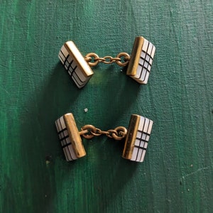 1940s Gold Tone chain mother of pearl chequered cufflinks