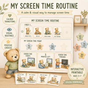 Tabella delle routine per il tempo trascorso davanti allo schermo dai bambini, programma visivo, schede attività (download digitale)
