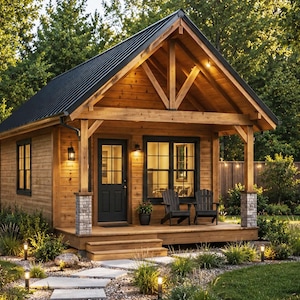 Peut inclure: Une petite cabane en bois avec un bardage horizontal, un toit en métal sombre et un porche. La structure comprend une porte noire, des fenêtres à cadre noir et deux chaises noires sur le porche. Des piliers en pierre soutiennent les poutres.