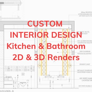 May include: A technical architectural drawing for a bathroom interior design featuring a wall-hung commode, a metallic champagne gold finish vessel basin, and a CNC aluminum screen. The text reads CUSTOM INTERIOR DESIGN Kitchen & Bathroom 2D & 3D Renders.
