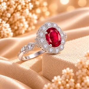 May include: A silver-toned ring featuring a large, oval-cut deep red gemstone at the center. The stone is surrounded by a scalloped halo of small, clear round stones. The band has a decorative, textured metal design with additional small stones.