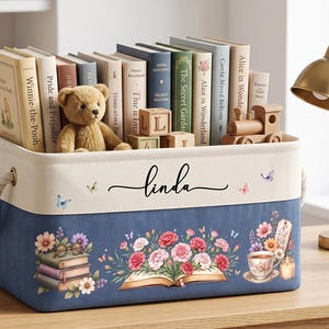 Panier de rangement personnalisé pour livre d'or, organisateur en tissu à motif floral en forme de livre ouvert, décoration pour coin lecture