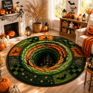 May include: A round area rug featuring a 3D optical illusion of a deep, swirling vortex leading to a haunted house. The border is divided into square panels decorated with bats, spiderwebs, stars, and witch hats in orange, green, and black.