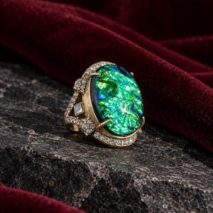 May include: A gold-toned ring featuring a large, oval-shaped iridescent green stone with a cracked texture. The band and setting are embellished with small, clear pavé-set stones, and the ring is secured by four prongs holding the central stone.
