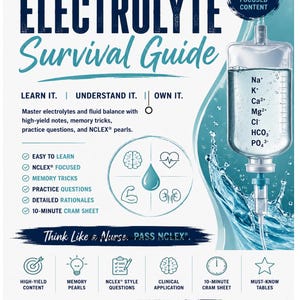 May include: A white educational poster titled The Ultimate Electrolyte Survival Guide featuring an IV bag graphic with chemical symbols Na+, K+, Ca2+, Mg2+, Cl-, HCO3-, and PO43-. The text includes Learn It, Understand It, Own It, and NCLEX Focused Content.