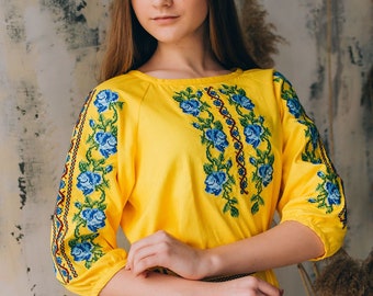 Vyshyvanka, Traditional Ukrainian women&#39;s blouse, Ethnic Women&#39;s Shirtt. Ukrainian clothes, yellow Linen embroidered floral blouse Ukraine