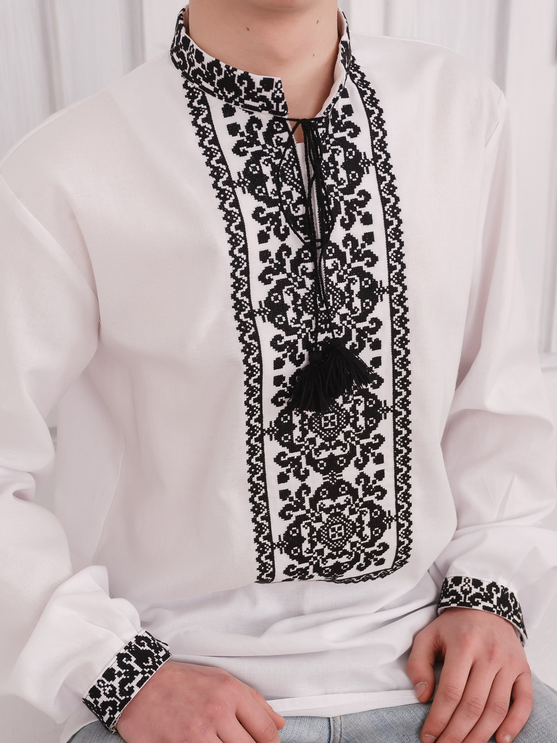 Ukrainian Embroidered Shirt, Ukrainian Clothes. Mens Black White