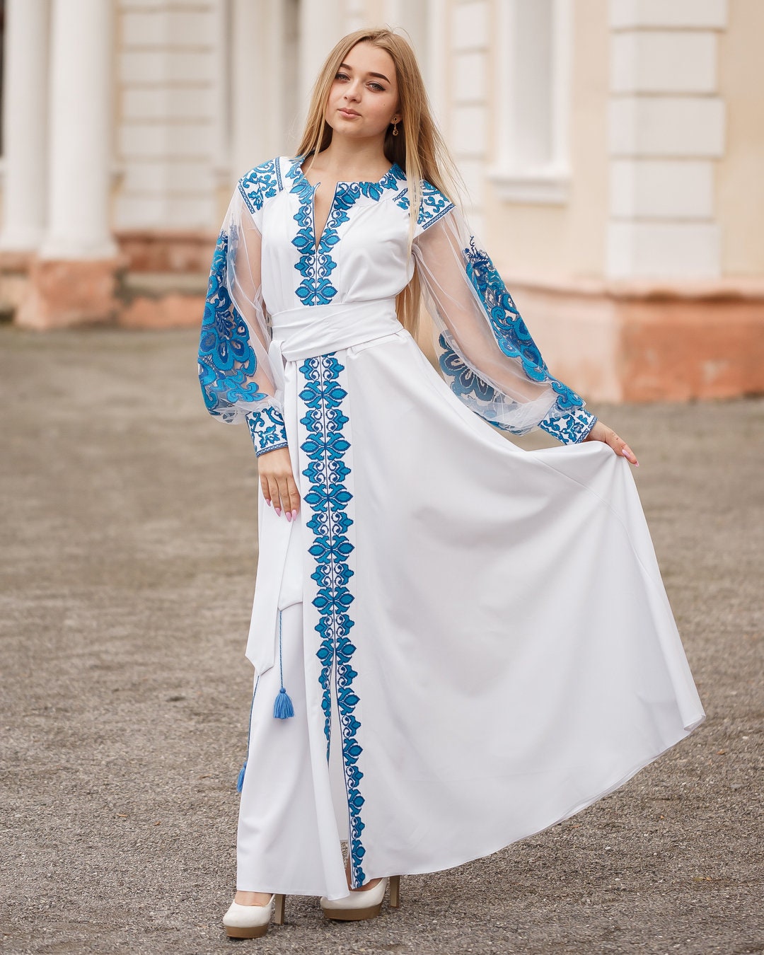 Ukrainian Wedding Dress, BLUE Vyshyvanka Stylish Dress, Ukrainian