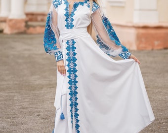 Ukrainian wedding dress, BLUE Vyshyvanka stylish dress, Ukrainian embroidered dress. Вишита сукня хрестиком, Family Look etnostyle