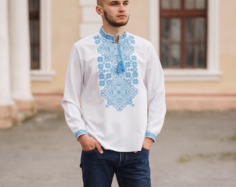 Ukrainian blue embroidered shirt. Men's vyshyvanka. Shirt with blue embroidery for Him. Folk embroidered mens shirt, Traditional Sorochka