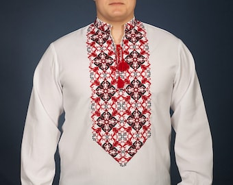 Ukrainian embroidered shirt red blue Ukrainian clothes Mens vyshyvanka. Embroidery stitch on linen. Ethnic mens shirts Traditional clothing
