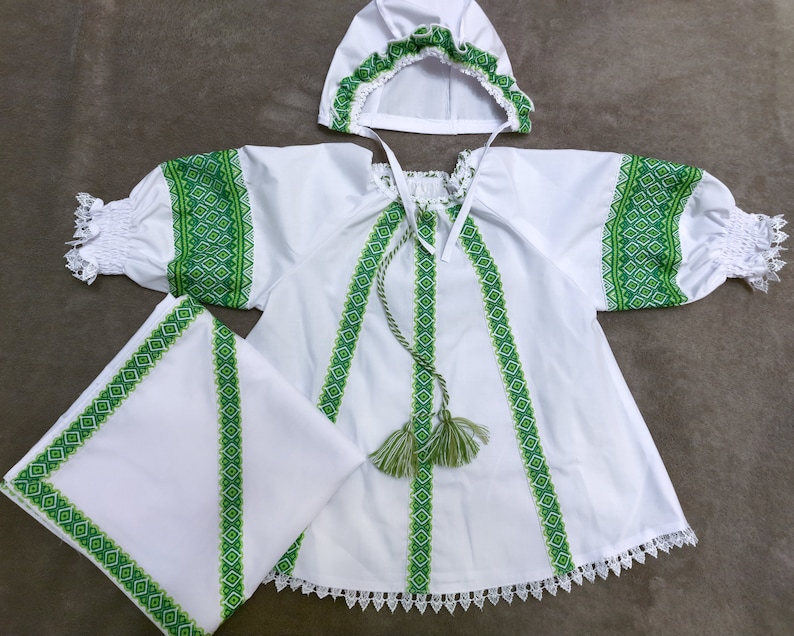 Newborn set: Embroidered dress, cap, kryzhma. Children's folk cotton costume. Vyshyvanka Newborn Outfit. Ukrainian Baptismal set for baby. image 9
