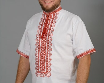 Ukrainian embroidered shirt different colors. Men's vyshyvanka linen. Embroidery stitch in linen. Folk embroidered mens red blue green shirt