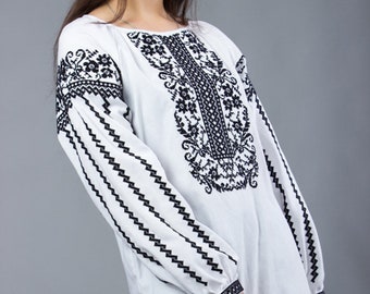 Black and white shirt vyshyvanka. Traditional Ukrainian women's blouse. Ethnic sorochka. Ukrainian clothes. Embroidered blouse cross-stitch