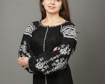 Women black vyshyvanka. Traditional Ukrainian women's blouse. Ethnic sorochka shirt. Ukrainian clothes. Embroidered blouse cross-stitch