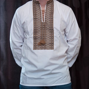 SALE PRICE REDUCED! Ukrainian embroidered shirt for men. Size L, Vyshyvanka, traditional ukrainian brown embroidery.  Folk Ukraine clothes