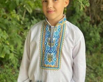 Ukrainian embroidered shirt with a trident for a boy. Children vyshyvanka, Ethnic shirt, yellow-blue trident. Traditional shirt etnostyle