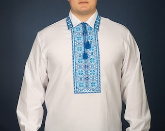 Ukrainian embroidered shirt red blue Ukrainian clothes Mens vyshyvanka. Embroidery stitch on linen. Ethnic mens shirts Traditional clothing