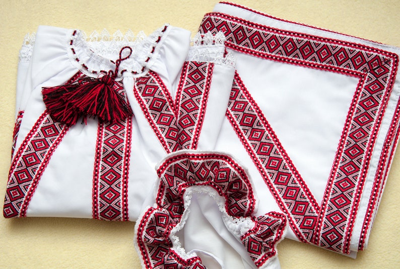 Newborn set: Embroidered dress, cap, kryzhma. Children's folk cotton costume. Vyshyvanka Newborn Outfit. Ukrainian Baptismal set for baby. image 5