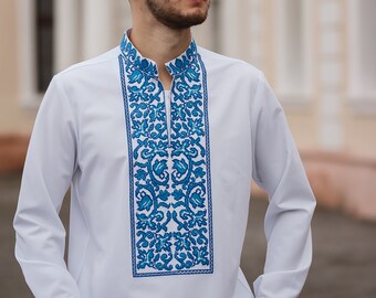 Ukrainian blue embroidered shirt. Men's vyshyvanka. Embroidery stitch Shirt for Him. Folk embroidered mens shirt, Traditional Sorochka