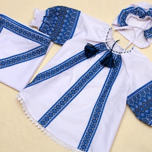 Newborn set: Embroidered dress, cap, kryzhma. Children's folk cotton costume. Vyshyvanka Newborn Outfit. Ukrainian Baptismal set for baby. image 7