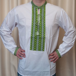 SALE PRICE REDUCED! Ukrainian embroidered shirt for men. Size L, Vyshyvanka, traditional ukrainian green embroidery.  Folk Ukraine clothes