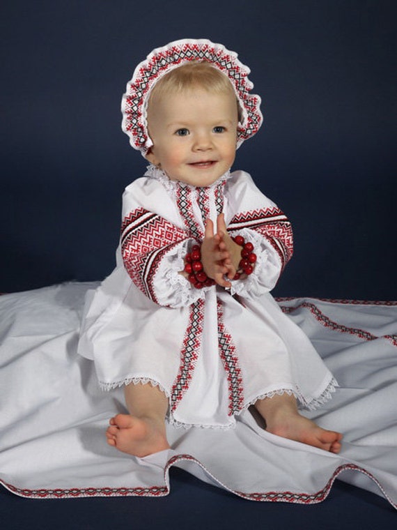 Newborn Set: Embroidered Dress, Cap, Kryzhma. Children's Folk Cotton  Costume. Vyshyvanka Newborn Outfit. Ukrainian Baptismal Set for Baby. 