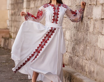 Ukrainian wedding dress, Vyshyvanka Stylish dress, Ukrainian cross-stitch embroidered dress. Вишита сукня хрестиком, Family Look etnostyle