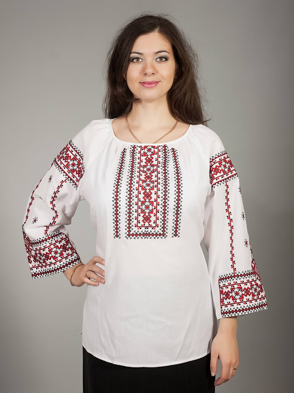 Jastie Red Embroidered Blouse Shirt Long Lantern Sleeve V