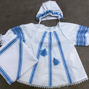Newborn set: Embroidered dress, cap, kryzhma. Children's folk cotton costume. Vyshyvanka Newborn Outfit. Ukrainian Baptismal set for baby. image 8