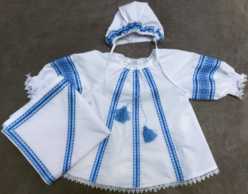 Newborn set: Embroidered dress, cap, kryzhma. Children's folk cotton costume. Vyshyvanka Newborn Outfit. Ukrainian Baptismal set for baby. image 8