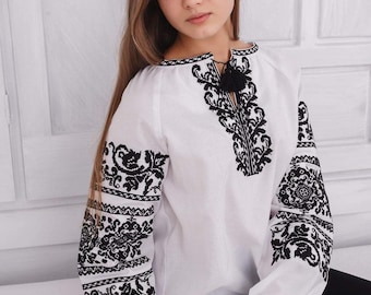 Black and white shirt vyshyvanka. Traditional Ukrainian women's blouse. Ethnic sorochka. Ukrainian clothes. Embroidered blouse cross-stitch