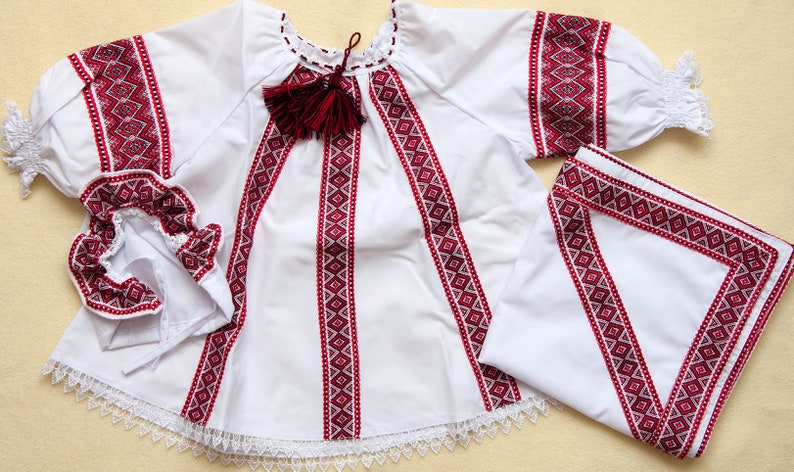 Newborn set: Embroidered dress, cap, kryzhma. Children's folk cotton costume. Vyshyvanka Newborn Outfit. Ukrainian Baptismal set for baby. image 3