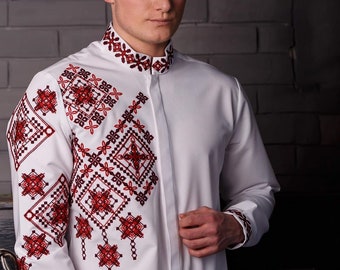 Ukrainian red embroidered shirt. Men's vyshyvanka. Embroidery stitch Shirt for Him. Folk embroidered mens blue shirt, Traditional Sorochka
