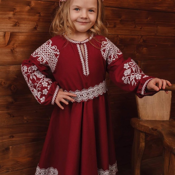 Vyshyvanka Ukraine dress, Ukrainian cross-stitch embroidered Stylish dress. Children's dress Вышитое платье крестиком BLUE linen Dress girls