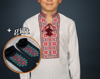 Ukrainian embroidered shirt for boys. Shirt + socks as a gift. Children vyshyvanka, Ethnic vyshivanka. Embroidered Shirt. Traditional shirt