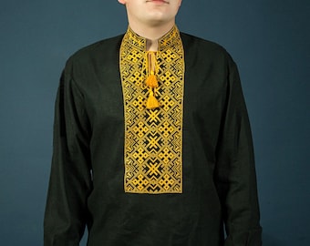 Ukrainian embroidered shirt for boys and adult men. Men's vyshyvanka. Embroidery stitch in natural Black linen