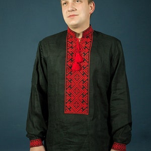 Ukrainian Vyshyvanka hand embroidered men’s black and red shirt