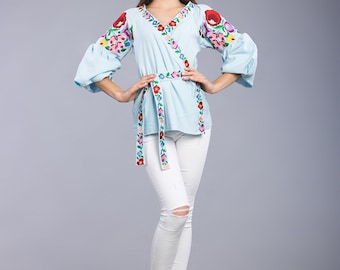 Ukrainian Vyshyvanka Blouse, Embroidered Linen Shirt with Belt