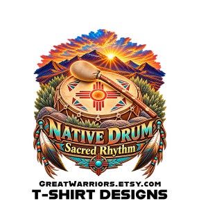 May include: A graphic design featuring a drum with a Zia symbol, a wooden mallet, and feathers. The text reads NATIVE DRUM Sacred Rhythm, GREATWARRIORS.ETSY.COM, and T-SHIRT DESIGNS. The background shows mountains and a sunrise with orange, blue, and yellow colors.