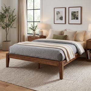 May include: A low-profile wooden bed frame with a medium-brown finish, featuring a gray duvet, a cream-colored knit throw blanket, and several pillows in shades of beige, cream, and olive green, arranged in a bedroom setting.