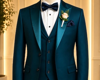 Traje de esmoquin de boda de 3 piezas para hombre, color azul verdoso.