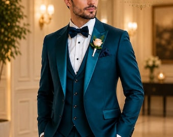 Costume de mariage trois pièces bleu sarcelle pour homme.